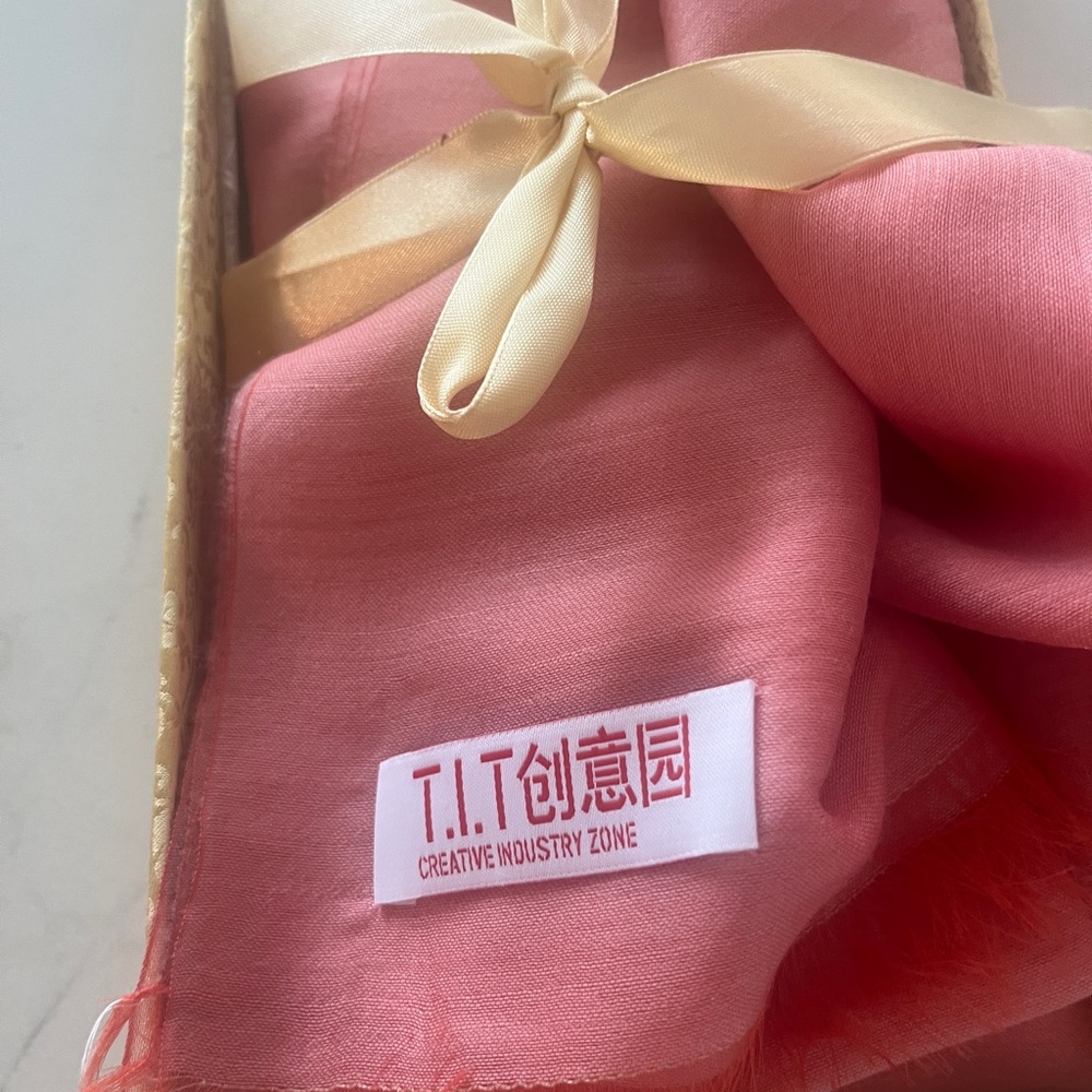 Pink Silk Scarf with Cream Ribbon